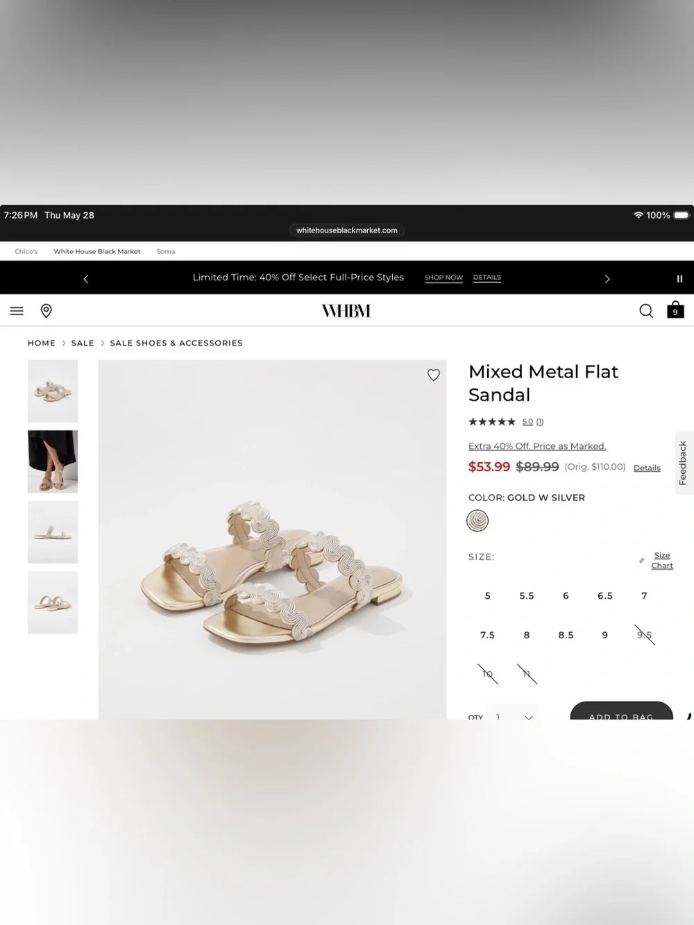 WORN ONCE! White House Black Market Mixed Metal Flat Sandal - Picture 2 of 9